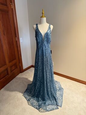 Soieblu Dusty Blue Lace A-Line Prom Gown with Plunging V